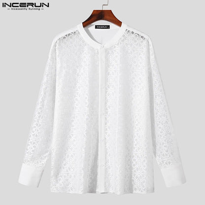 2024 Men Shirt Lace Transparent Stand Collar Long Sleeve Men Clothing Loose Sexy Streetwear Fashion Casual Camisas S-5XL INCERUN