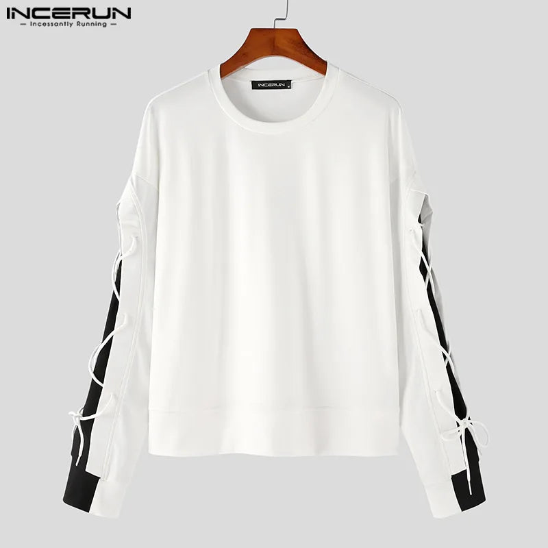 INCERUN Tops 2024 Style coréen Nouveaux hommes Noir et blanc Couleur contrastée Dentelle T-shirts Décontracté Streetwear Lâche O-cou Camiseta S-5XL