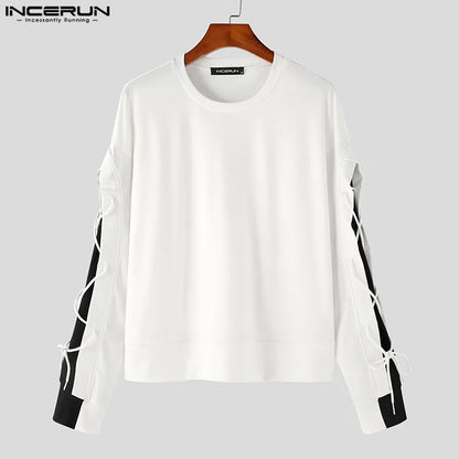 INCERUN Tops 2024 Koreanische Stil Neue Männer Schwarz &amp; Weiß Kontrast Farbe Spitze T-shirts Casual Streetwear Lose O-ansatz Camiseta S-5XL