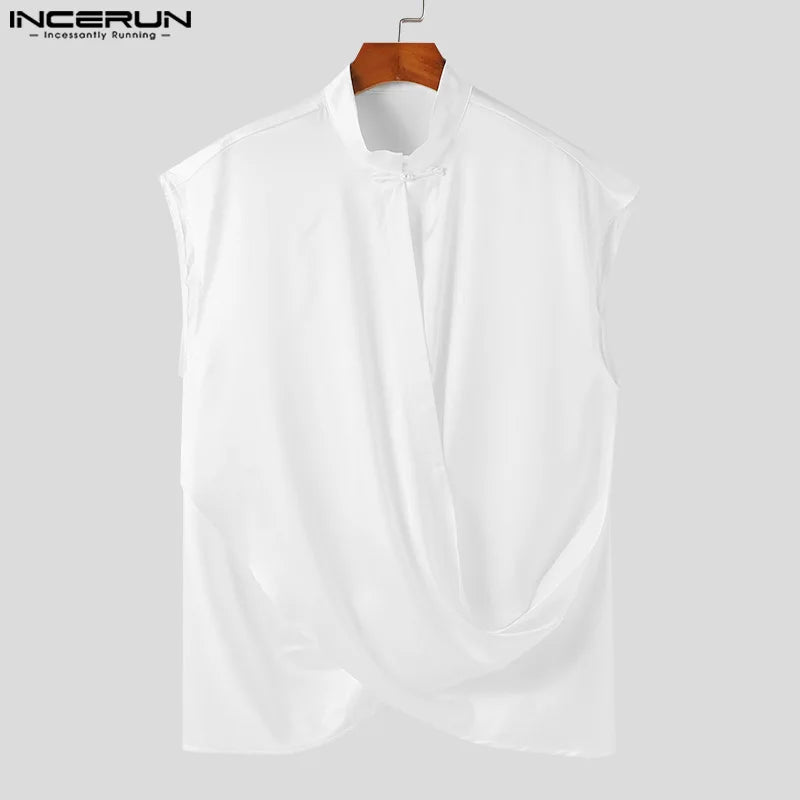 INCERUN Tops 2024 Korean Style Casual Men Stand Neck Buckle Cross Hollow Vests Summer Solid All-match Sleeveless Tank Tops S-5XL