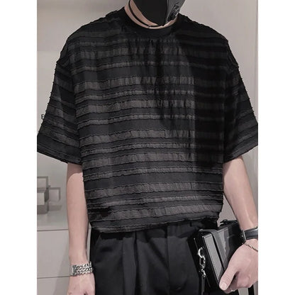 HOUZHOU Striped Mesh T-shirts for Men Beach Short Sleeve Tee Male Summer Translucent Breathable Tops O-neck Casual Streetwear