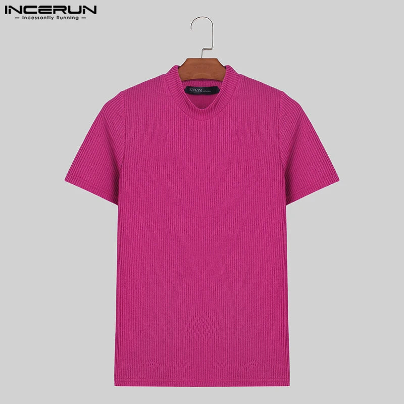 Men's T Shirt Solid Color Knitted Turtleneck Short Sleeve Casual Men Clothing Streetwear 2024 Summer Fashion Camisetas INCERUN