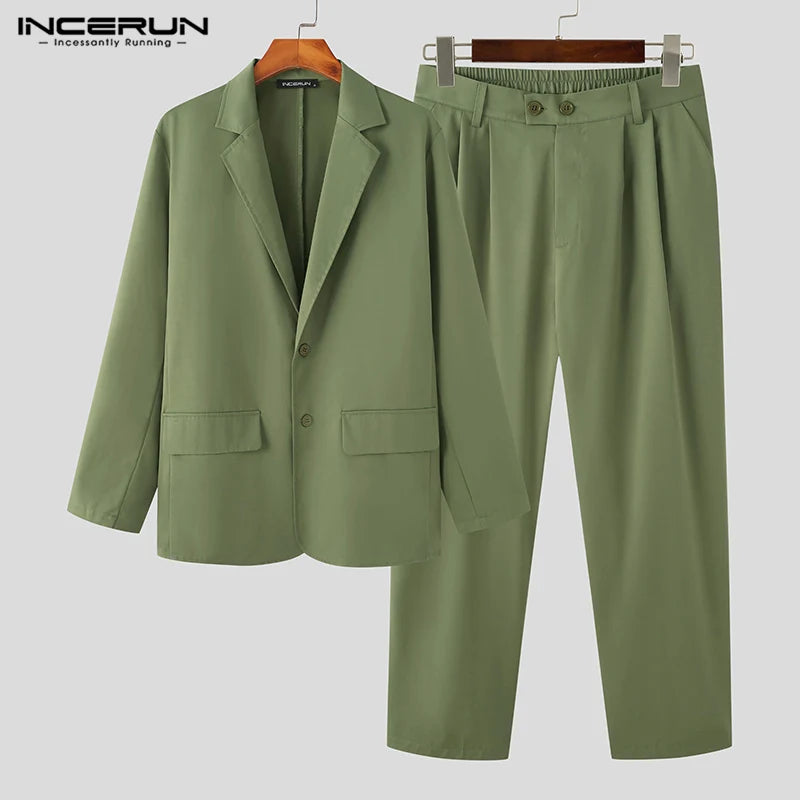 INCERUN 2024 Männer Sets Einfarbig Streetwear Laple Langarm Taste Blazer &amp; Hosen 2PCS Koreanische Mode Männer Casual Anzüge s-5XL