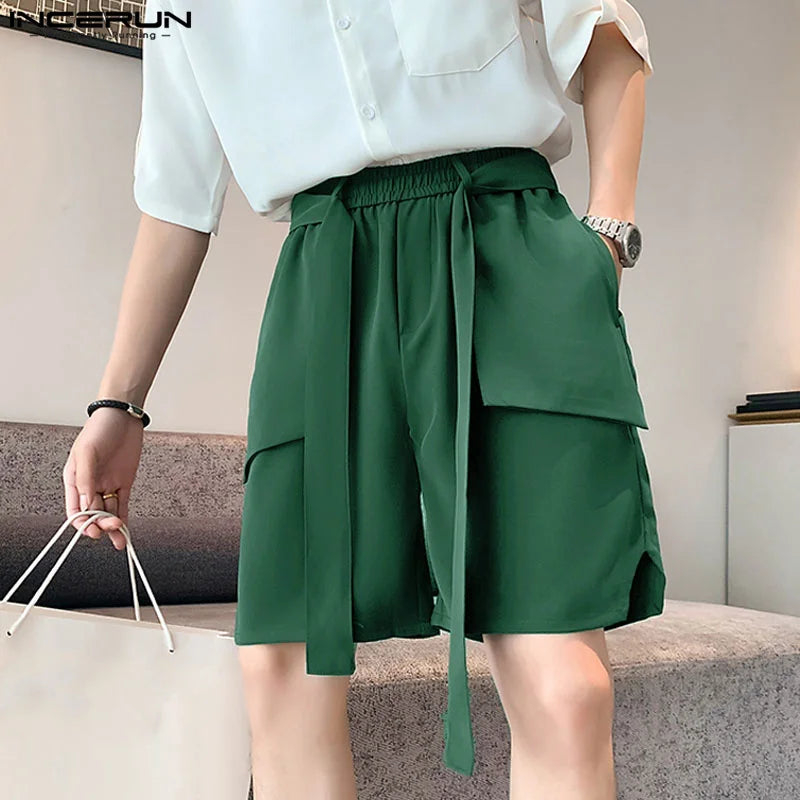 INCERUN 2024 Korean Style Shorts New Men's Ribbon Design Straight Leg Shorts Casual Streetwear Male Wide Leg Cargo Shorts S-5XL