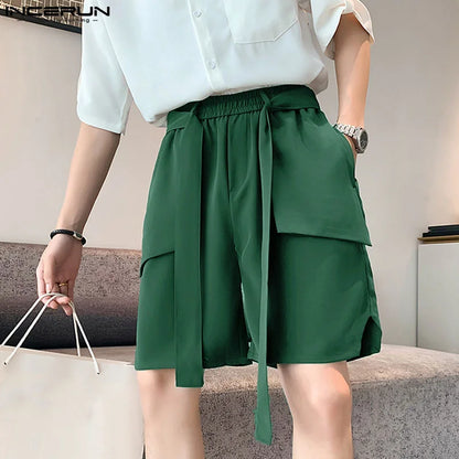 INCERUN 2024 Korean Style Shorts New Men's Ribbon Design Straight Leg Shorts Casual Streetwear Male Wide Leg Cargo Shorts S-5XL