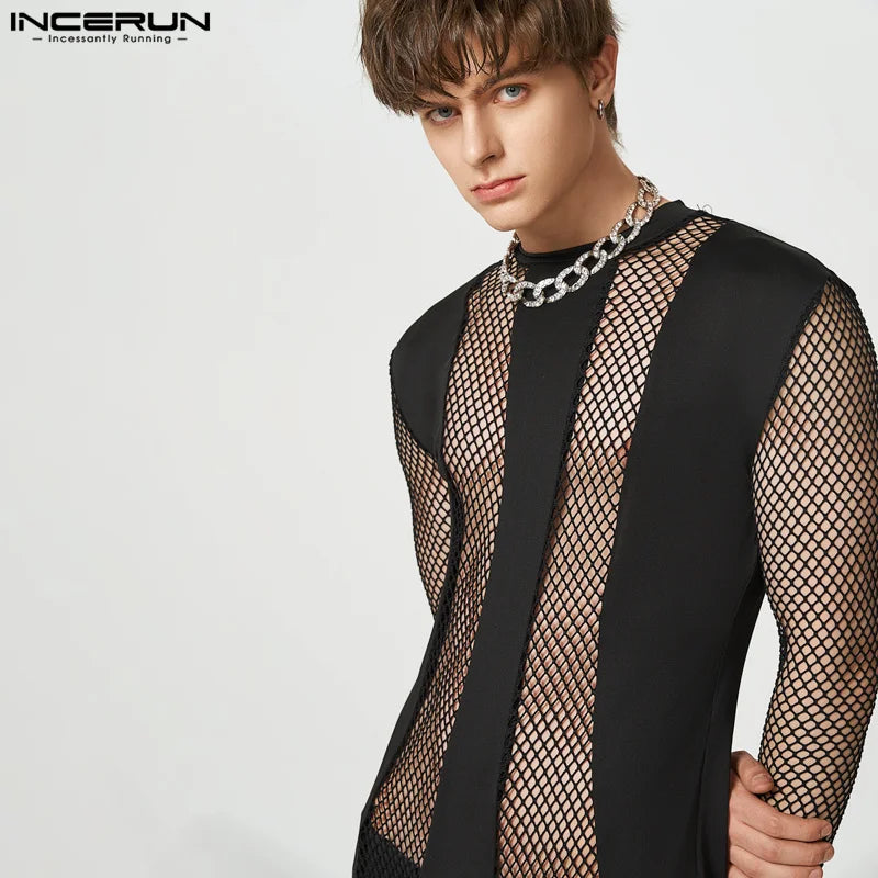 INCERUN Sexy Mesh Loungewear New Men See-through Mesh Bodysuit Sexy Stylish Male Splicing Solid Long-sleeved Rompers S-5XL 2024