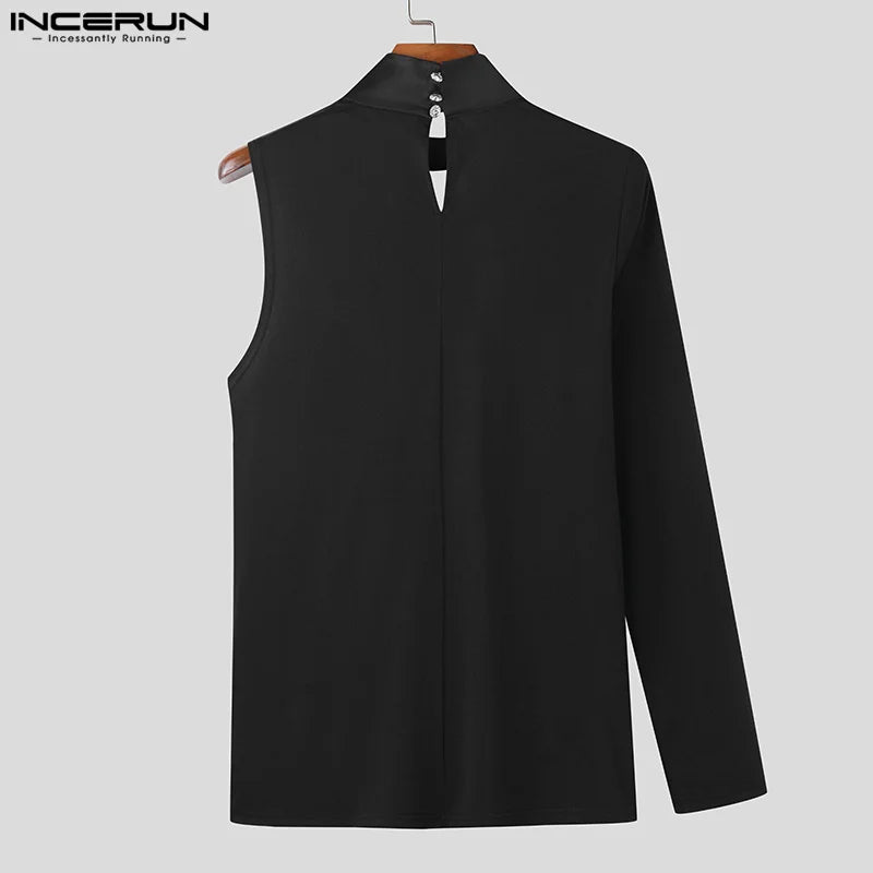 INCERUN Tops 2024 Men's Twisted Shoulder Cut Design T-shirts Casual Party Shows Solid Half High Neck Long Sleeved Camiseta S-5XL