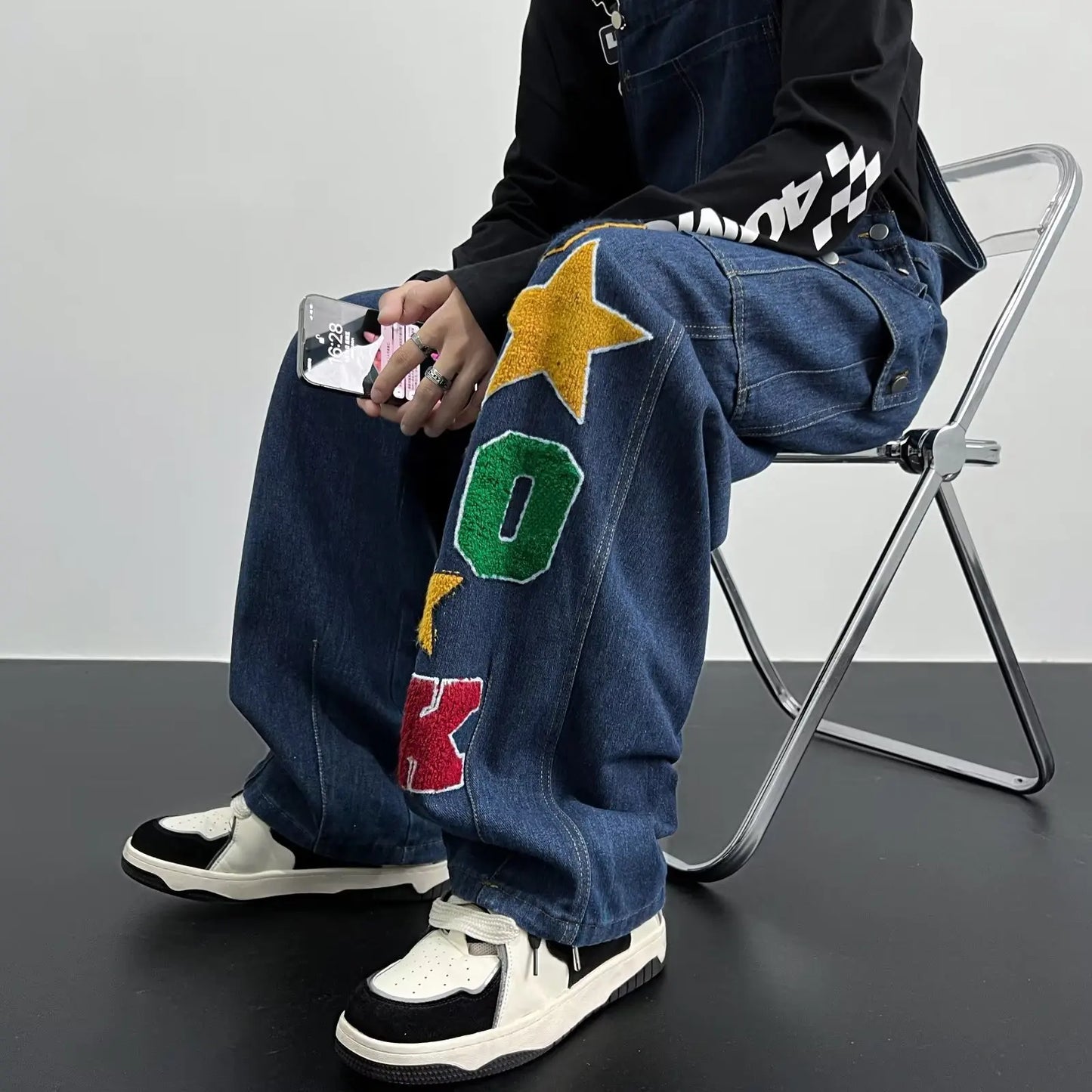 HOUZHOU Y2K Cargo Jeans Jumpsuit for Men Streetwear Hip Hop Punk Loose Denim Bodysuits Overalls Male Japanese Print Pocket Pants