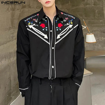 INCERUN Tops 2024 Fashion Men's Patchwork Color Contrast Printed Shirts Casual Personality Male Lapel Long Sleeved Blouse S-5XL