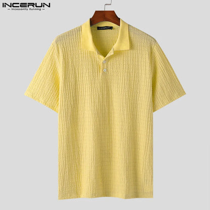 INCERUN Tops 2024 Korean Style Men Summer Texture Knitted Design Shirts Casual Streetwear Solid Short Sleeved Lapel Blouse S-5XL