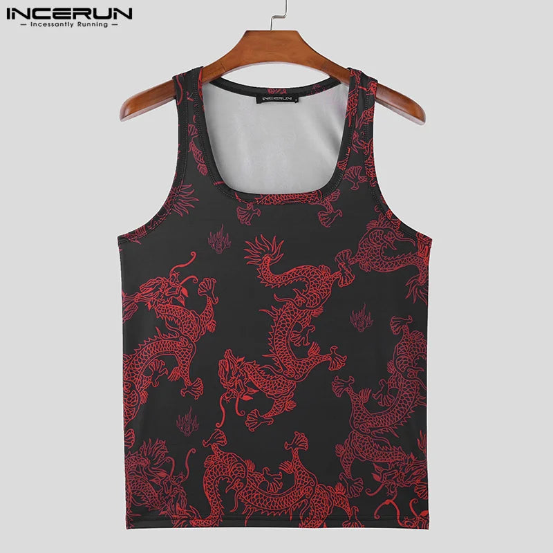 INCERUN Tops 2023 Style coréen Hommes Rayé Dragon Motif Imprimé Gilets Décontractés Streetwear Vente Chaude Sans Manches Débardeurs S-3XL