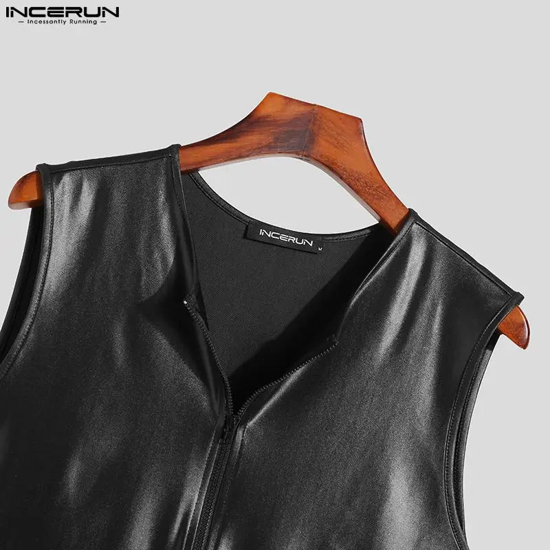 INCERUN Men Bodysuits Mesh Patchwork Sexy See Through Zipper Homewear Sleeveless Rompers Pajamas 2023 Men Bodysuits S-5XL 7