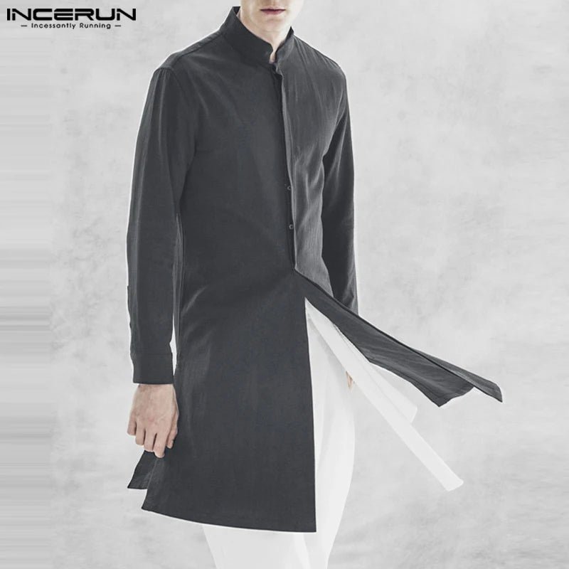 INCERUN 2023 Muslim Style New Men Solid Shirts Casual Streetwear Hot Sale Male Patchwork Standing Neck Long Sleeved Blouse S-5XL