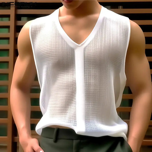 INCERUN Tops 2024 Korean Style Stylish Men O-neck Solid Vests Male Leisure Patchwork See-through Mesh Sleeveless Tank Tops S-5XL