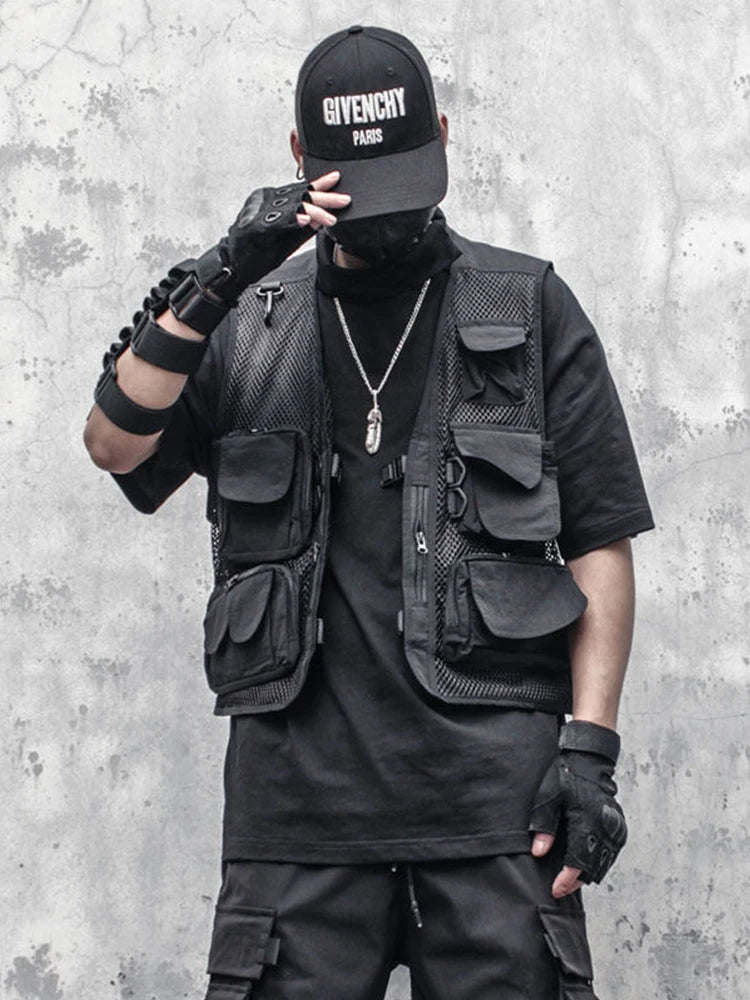 HOUZHOU Techwear Noir Cargo Biker Gilet Sans Manches Débardeurs Hommes Haut Sans Manches Hommes Vêtements Japonais Streetwear Hip Hop