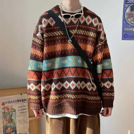 HOUZHOU Men's Knitted Vintage Graphic Sweater with Pattern Brown Blue Pullovers Sweaters and Jumpers Korean Streetwear Harajuku