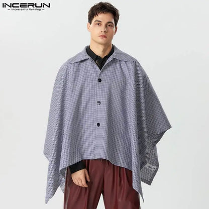 Mode Casual Style Tops INCERUN Hübsche Männer Plaid Silhouette Schräge Knopfleiste Trenchcoat Streetwear Männlich Lose Revers Cape Einheitsgröße