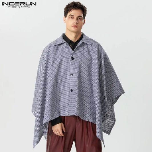 Fashion Casual Style Tops INCERUN Handsome Men Plaid Silhouette Sloping Placket Trench Streetwear Male Loose Lapel Cape One Size