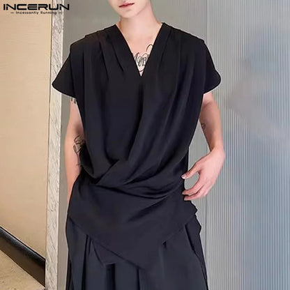 INCERUN Tops 2024 Korean Style Handsome Men Draping Solid V-neck Shirts Fashion Male Shoulder Pleated Short Sleeved Blouse S-5XL