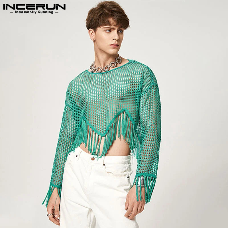 Stylish Well Fitting Tops INCERUN New Men's Knitted Hollow Mesh T-shirts Sexy Breathable Tassel Short Long Sleeve Camiseta S-5XL