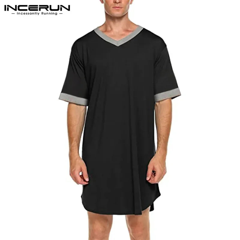 INCERUN Nouvelle chemise de nuit pour hommes Mode Patchwork Robe de nuit Solide Vêtements de nuit Peignoir à manches courtes Lâche Col en V Homewear S-5XL 2022