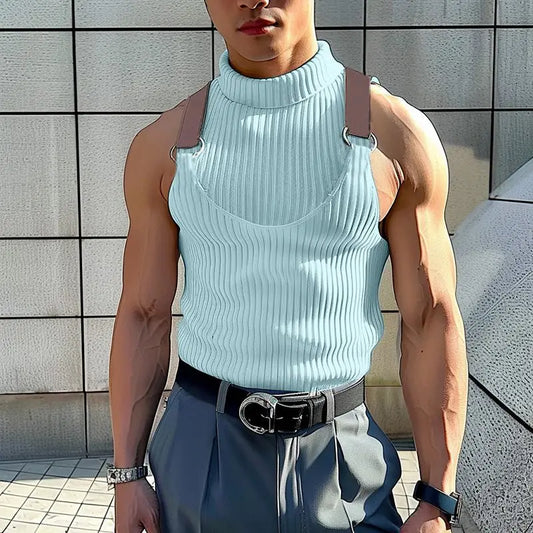 INCERUN Tops 2024 Koreanischen Stil Herren Gestrickte Gefälschte Zweiteilige Stehkragen Westen Stilvolle Streetwear Solide Ärmellose Tank Tops S-5XL