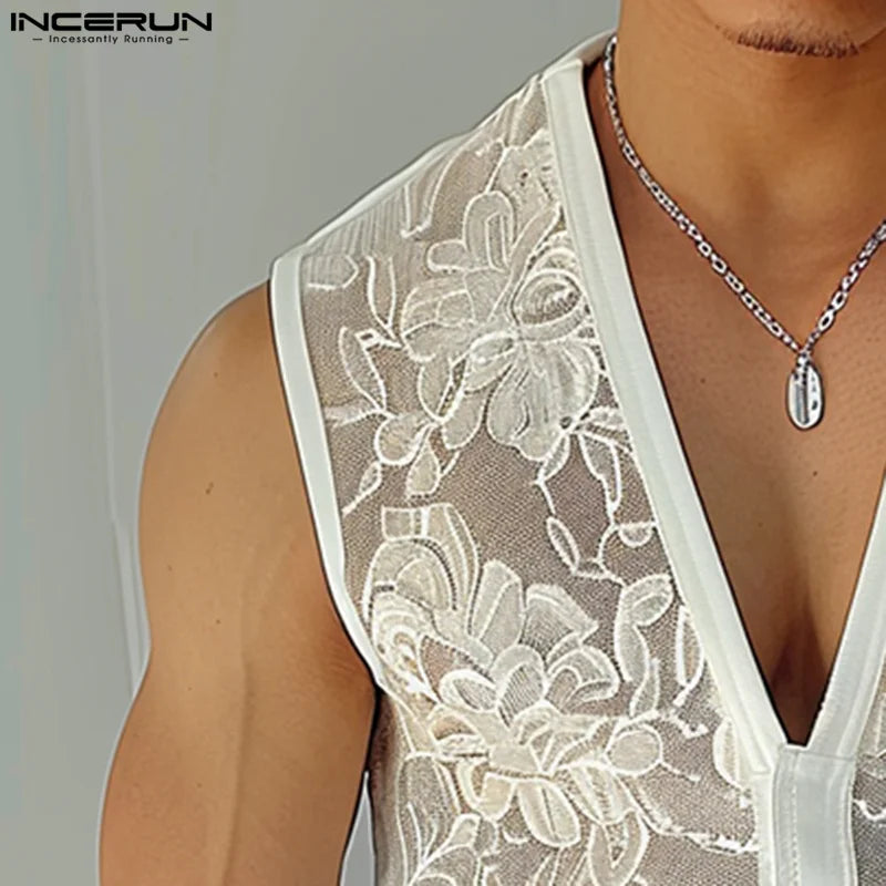 INCERUN Tops 2024 Style américain Nouveaux hommes Col en V Dentelle Impression Perspective Gilets Sexy Mode Homme Mince Sans Manches Débardeurs S-5XL