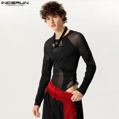 INCERUN 2024 Sexy Men's Homewear Jumpsuits Thin Mesh Splicing Deconstructed Design Rompers Triangle Long Sleeved Bodysuits S-3XL