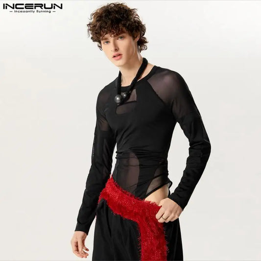 INCERUN 2024 Sexy Men's Homewear Jumpsuits Thin Mesh Splicing Deconstructed Design Rompers Triangle Long Sleeved Bodysuits S-3XL