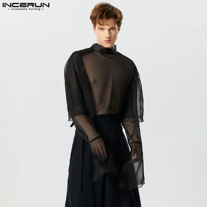 INCERUN Tops 2023 American Style Stylish Men See-through Ribbon Ruffled Blouse Leisure Party Show Thin Long Sleeved Shirts S-5XL