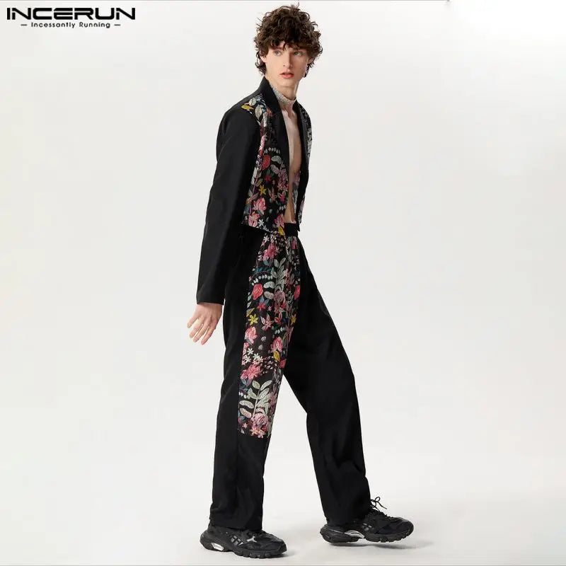 INCERUN 2024 Ensembles de mode pour hommes de style américain Manteaux de costume à manches courtes et longues Pantalons longs Ensembles sexy en dentelle patchwork deux pièces S-5XL