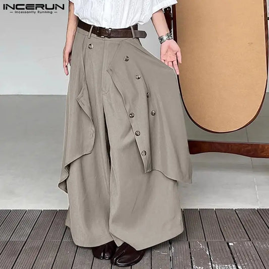 INCERUN 2023 Koreanische Stil Herrenhose Retro Unregelmäßiges Design Lange Hosen Casual Male Solide Alle-spiel Breite Bein Pantalons S-5XL