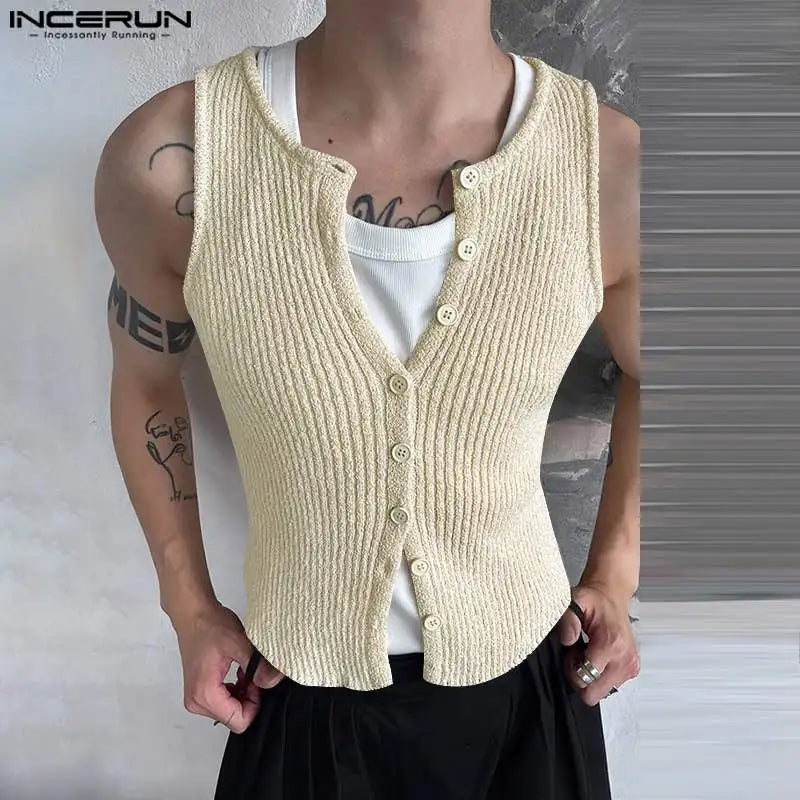 INCERUN Tops 2024 Korean Style New Men's Thick Pit Striped Knitted Vests Summer Streetwear Male Solid Sleeveless Tank Tops S-5XL