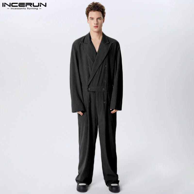 INCERUN 2024 American Style Rompers Stylish Men Solid Texture Jumpsuits Leisure Simple Male Striped Long Sleeved Jumpsuits S-5XL