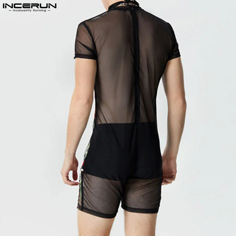 INCERUN Men's Bodysuits Mesh Transparent O-neck Short Sleeve Fashion Rompers Sexy 2024 Flower Embroidery Unisex Playsuits S-5XL