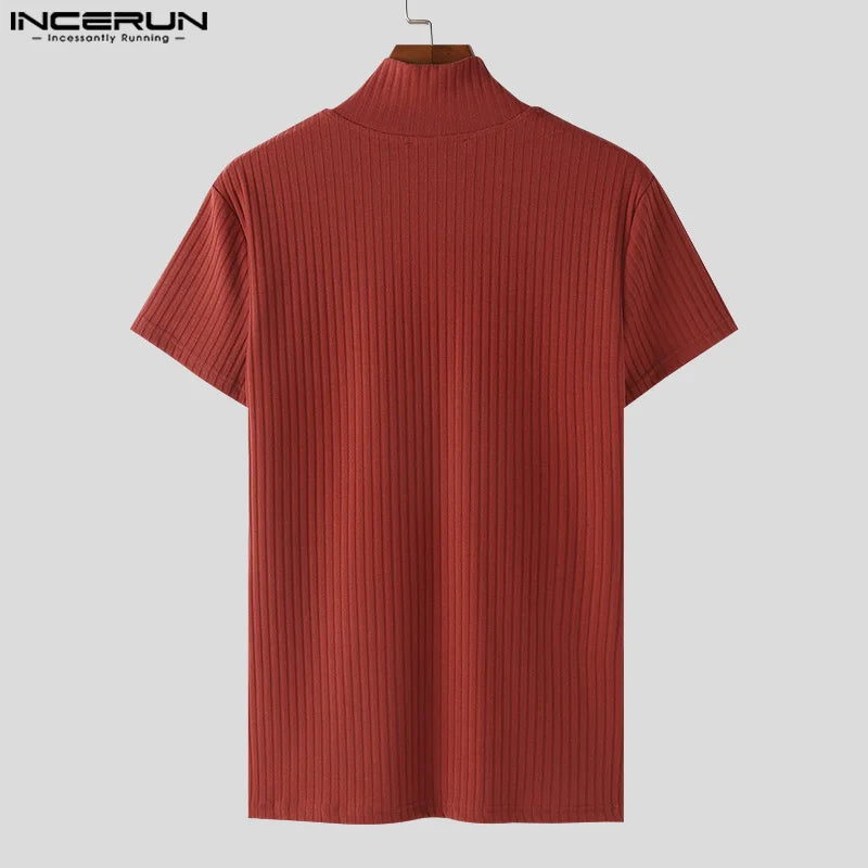 INCERUN Tops 2024 Korean Style New Men Knitted Half High Neckline Chain T-shirts Casual Simple Male Short Sleeved Camiseta S-5XL