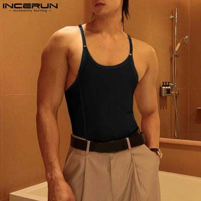 INCERUN Men Bodysuits Solid Color O-neck Sleeveless Skinny Sexy Streetwear Pajamas Rompers 2023 Casual Tank Tops Bodysuit S-5XL