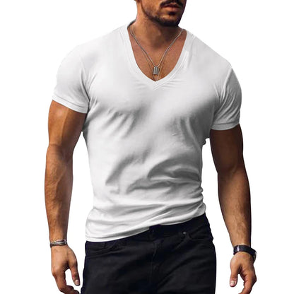 2023 men's T-shirt cross-border clothing European and American foreign trade men's V-neck solid color casual short sleeved T-shi