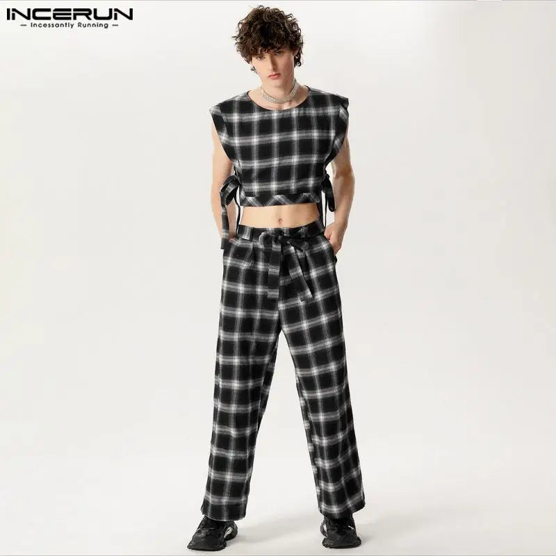 INCERUN 2024 American Style Men's Stylish Sets Sleeveless Vests Long Pants Casual Cropped Plaid Lace Design Suit 2 Pieces S-5XL