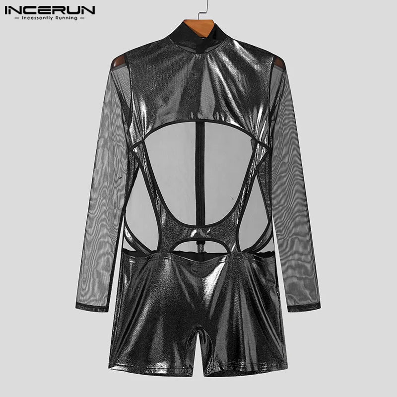 INCERUN 2024 Sexy Handsome Mens Loungewear Flash Fabric Splicing Bodysuits Stylish Male Long Sleeved Hollow Thin Jumpsuits S-5XL