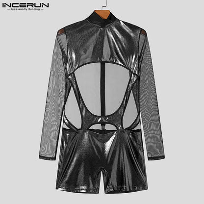 INCERUN 2024 Sexy Handsome Mens Loungewear Flash Fabric Splicing Bodysuits Stylish Male Long Sleeved Hollow Thin Jumpsuits S-5XL