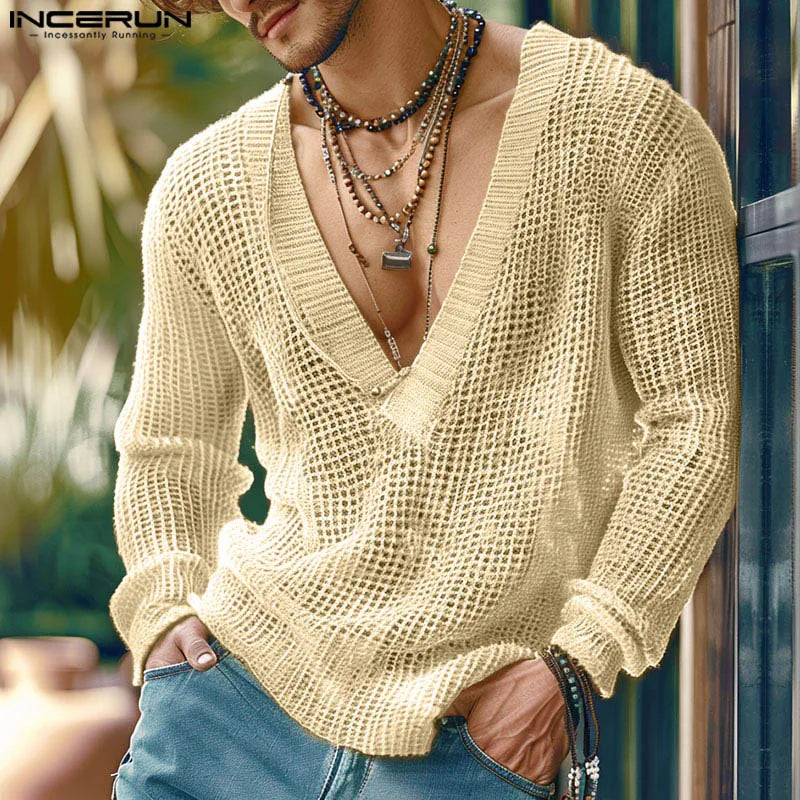 Stylish Well Fitting Tops INCERUN New Men V-neck Texture T-shirts Leisure Streetwear Male Solid Long Sleeved Camiseta S-5XL 2024