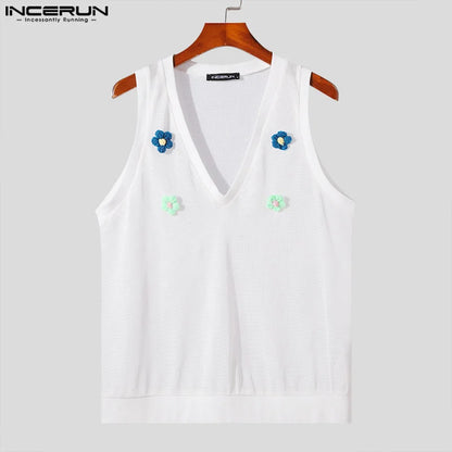 INCERUN Tops 2024 Korean Style Men's Hollow V-neck Flower Decorative Vests Summer Casual Personality Sleeveless Tank Tops S-5XL