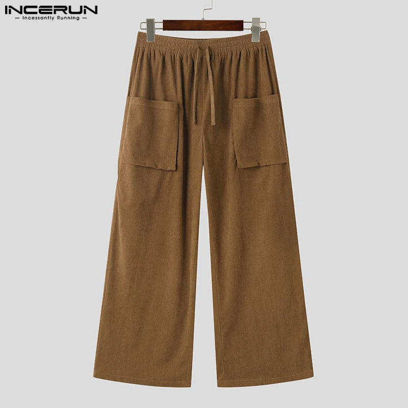 INCERUN 2024 Korean Style Pantalons New Men's Corduroy Pocket Design Pants Casual Well Fitting Solid Straight Leg Trousers S-5XL