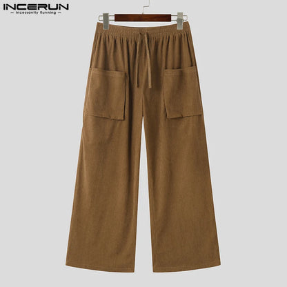 INCERUN 2024 Pantalons im koreanischen Stil Neue Herrenhose aus Cord mit Taschendesign Lässige, gut sitzende, solide Hose mit geradem Bein S-5XL