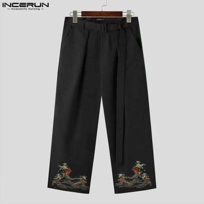 INCERUN 2024 Korean Style Pantalons New Men's Personality Printed Pants Casual Clubwear Male Pleated Straight Leg Trousers S-5XL