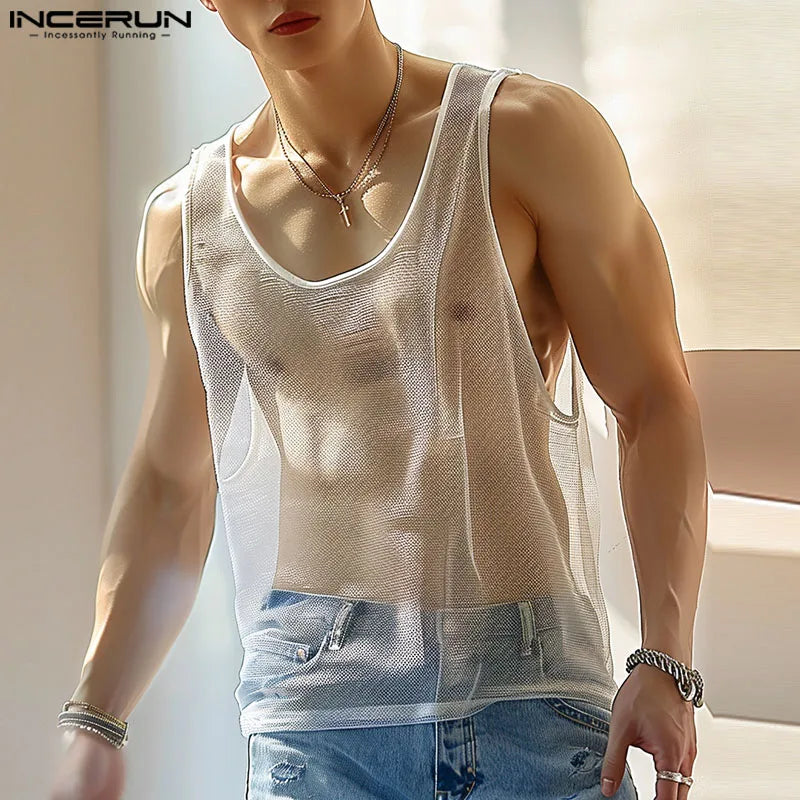 INCERUN Tops 2024 Korean Style New Men's Dense Mesh Perspective U-neck Tank Tops Summer Casual Male Thin Sleeveless Vests S-5XL