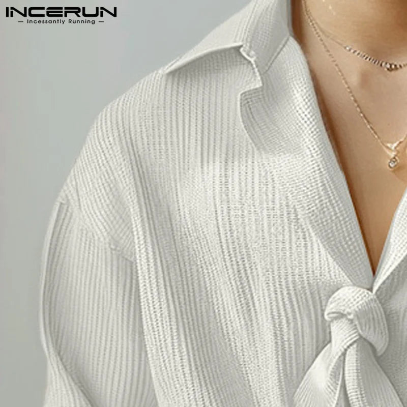 INCERUN Tops 2024 Korean Style Men Casual Simple Texture Tie Design Shirts Autumn Winter Fashion Male Long Sleeved Blouse S-5XL