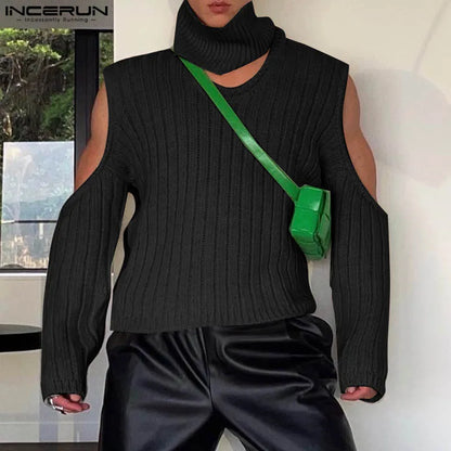 Fashion Casual Style Tops INCERUN Men's Deconstructive Design Texture Sweaters Male Solid High Neck Long Sleeved Pullovers S-5XL