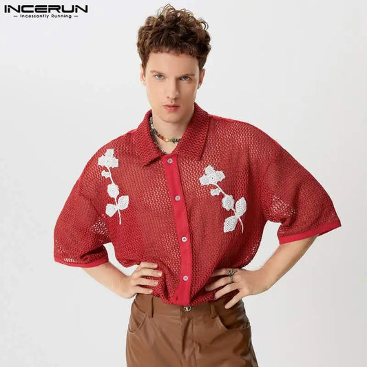 INCERUN Tops 2024 American Style Fashion Men's Hollow Mesh Decal Shirts Casual Streetwear Personality Short Sleeved Blouse S-5XL